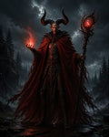 GRID THUMBNAIL — A towering horned demon in tattered red robes conjures crimson fire and wields a crystal-tipped staff amid storm clouds and dark pine forest.