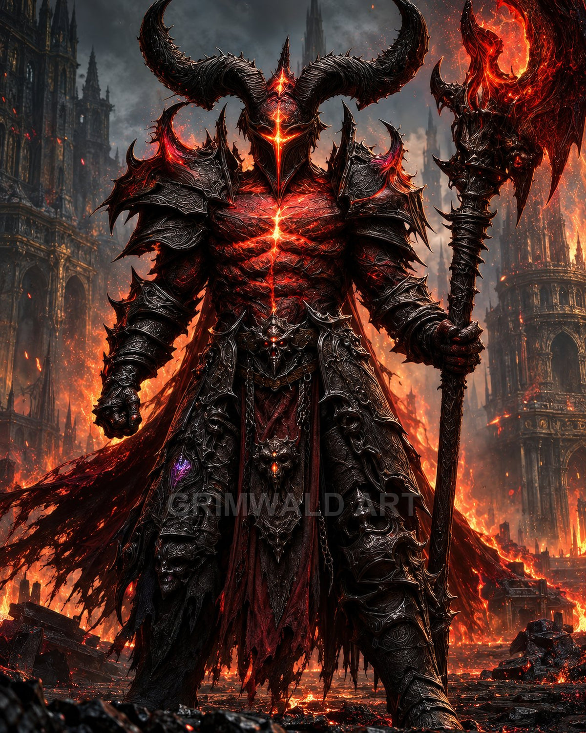A towering horned demon in black armour stands amid burning gothic ruins, holding a flaming axe, lava-like light searing through cracks.