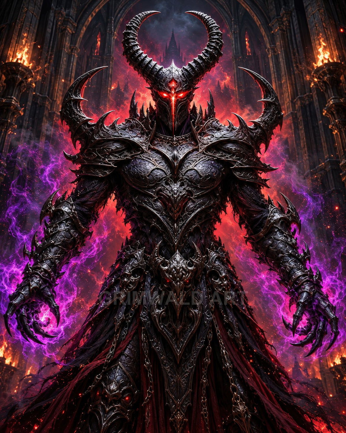 A towering horned demon in ornate black armour, red eyes blazing, conjures purple flames inside a burning gothic cathedral beneath firelit arches and embers.