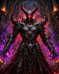 GRID THUMBNAIL — A towering horned demon in ornate black armour, red eyes blazing, conjures purple flames inside a burning gothic cathedral beneath firelit arches and embers.