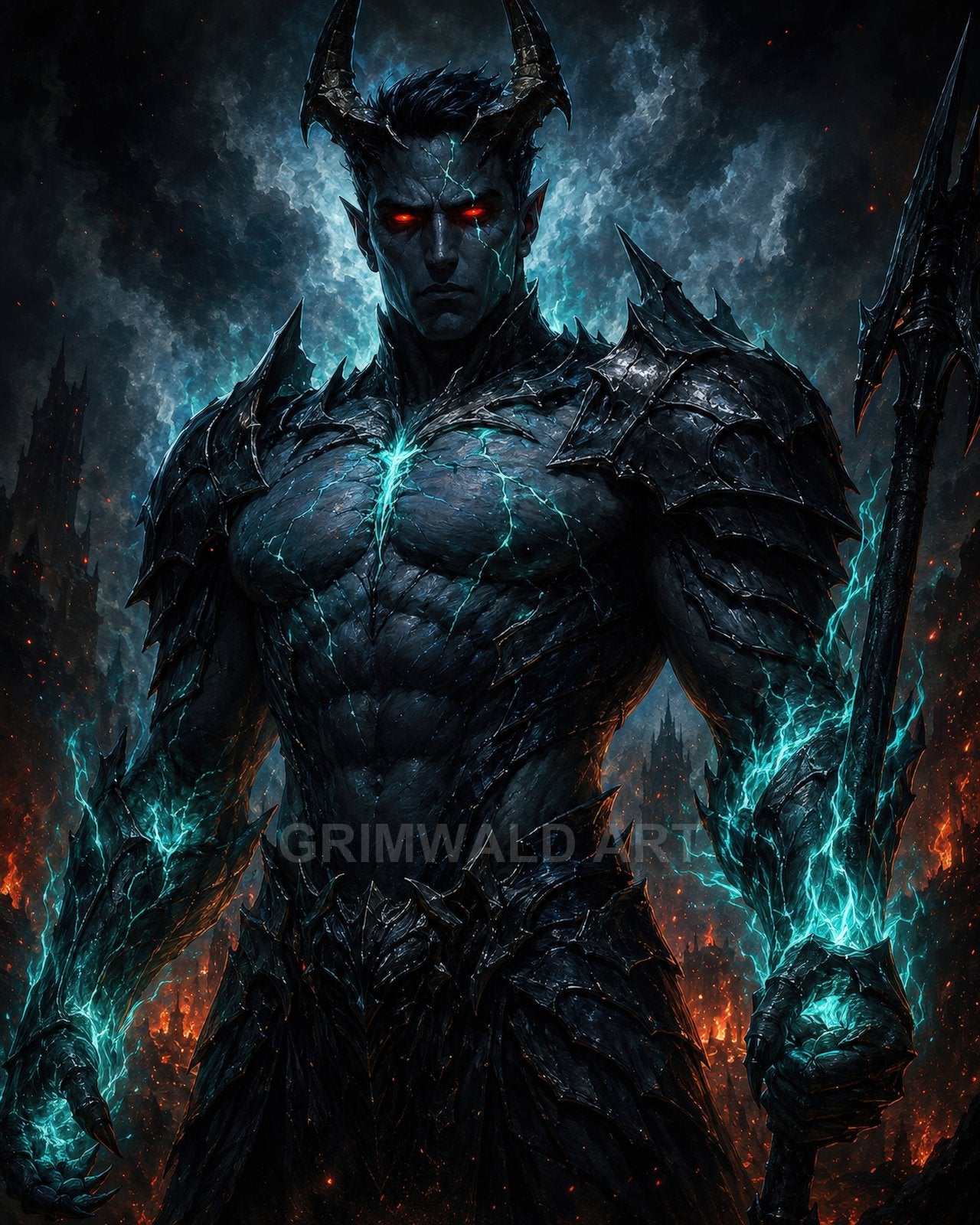 Armoured horned demon with glowing red eyes and blue lightning cracks grips a spear amid fiery ruins and a stormy, smoke-filled night sky.