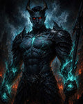 GRID THUMBNAIL — Armoured horned demon with glowing red eyes and blue lightning cracks grips a spear amid fiery ruins and a stormy, smoke-filled night sky.