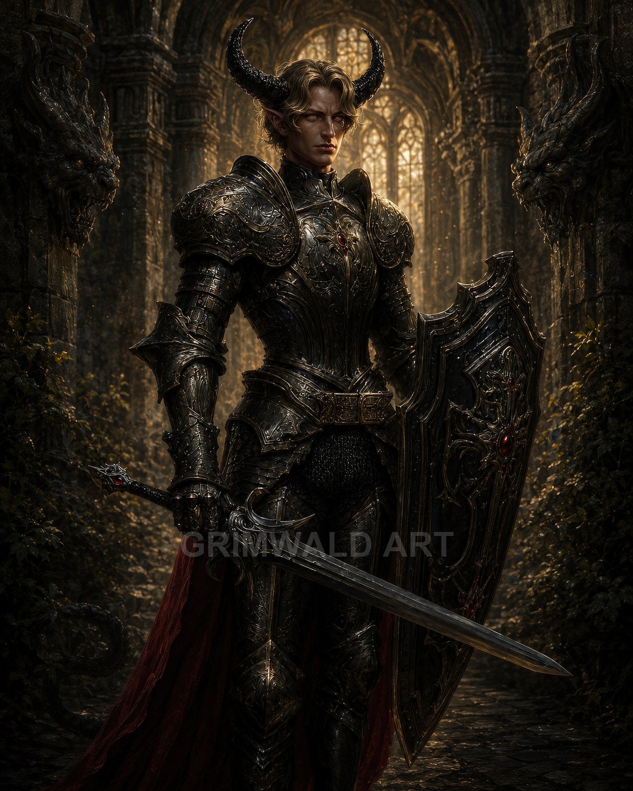 Armoured horned male demon knight holding a sword and ornate shield in a ruined gothic cathedral, flanked by gargoyle statues and lit by golden light.