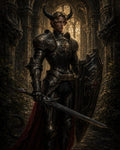 GRID THUMBNAIL — Armoured horned male demon knight holding a sword and ornate shield in a ruined gothic cathedral, flanked by gargoyle statues and lit by golden light.