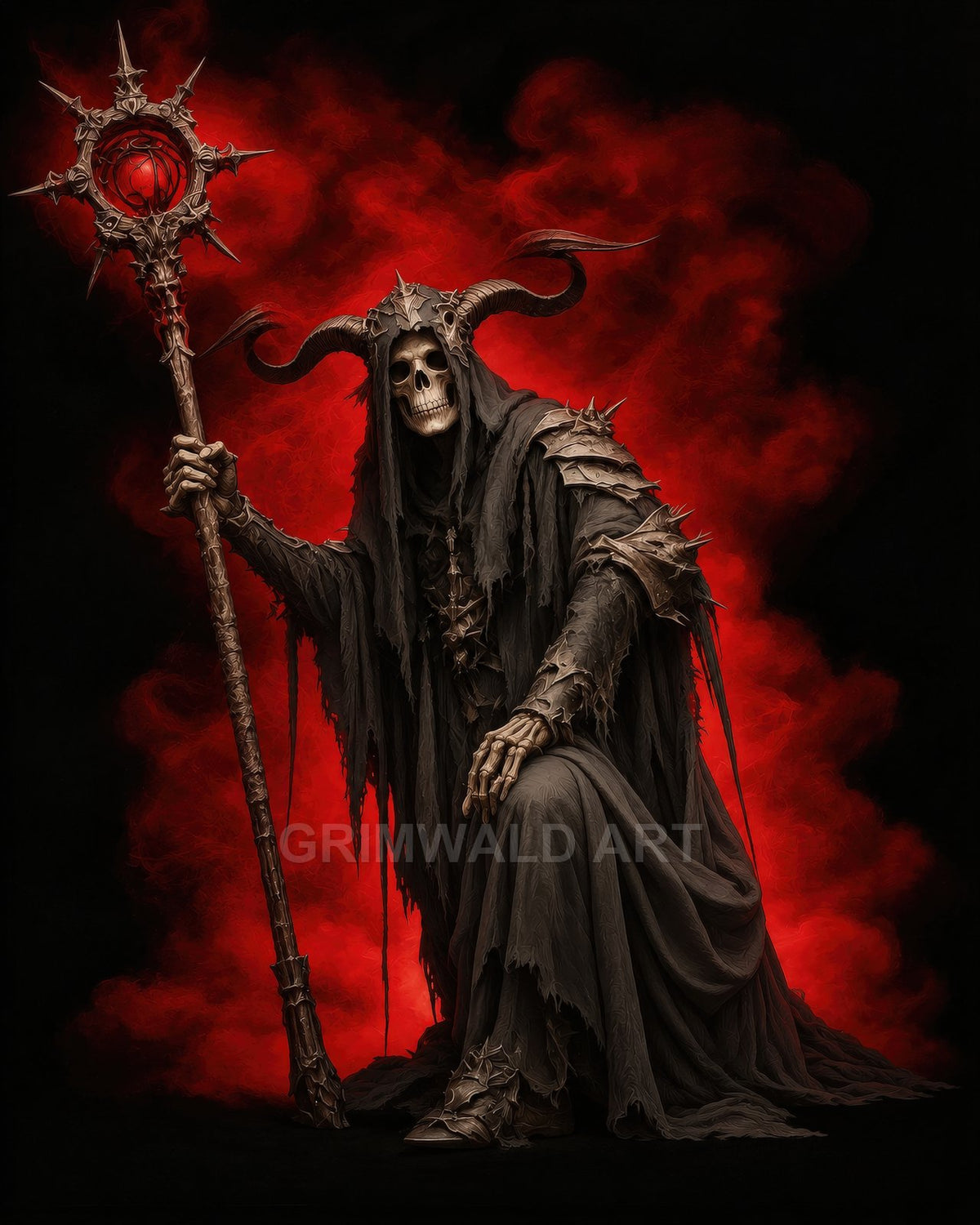 Seated skeletal lich in tattered robes and spiked armour, horned skull, gripping a spiked staff with red orb amid swirling red smoke.