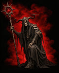 GRID THUMBNAIL — Seated skeletal lich in tattered robes and spiked armour, horned skull, gripping a spiked staff with red orb amid swirling red smoke.