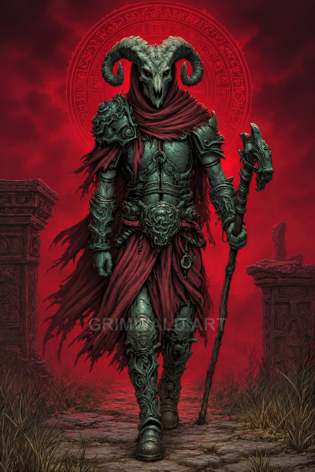 Armoured figure wearing a ram-skull mask and red tattered cloak walks through ancient ruins, staff in hand, before a glowing occult circle.