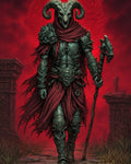 GRID THUMBNAIL — Armoured figure wearing a ram-skull mask and red tattered cloak walks through ancient ruins, staff in hand, before a glowing occult circle.
