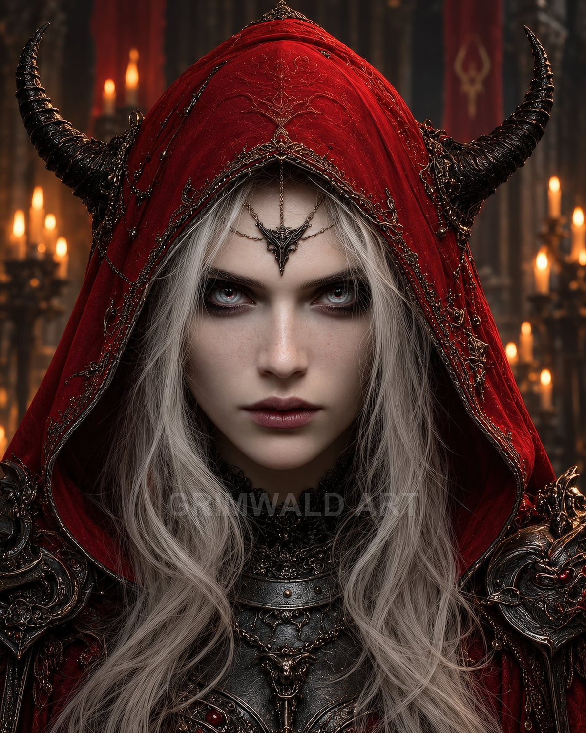Close-up portrait of a horned, red-hooded female demon in ornate black armour, silver hair and tiara, before candlelit gothic cathedral interior.