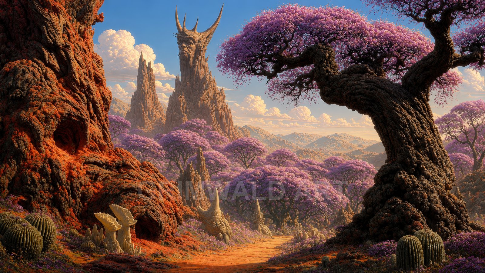 A winding path crosses a valley of purple-blossomed trees and cacti, overlooked by a horned, face-like mountain under a bright, cloud-dotted sky.