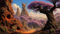 GRID THUMBNAIL — A winding path crosses a valley of purple-blossomed trees and cacti, overlooked by a horned, face-like mountain under a bright, cloud-dotted sky.