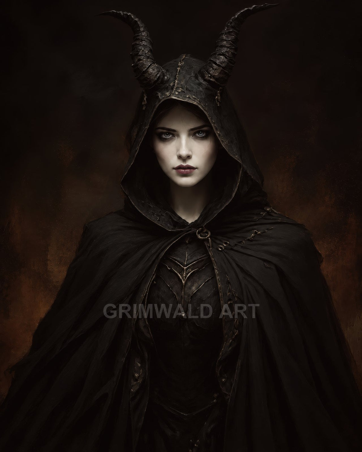 Dark fantasy portrait of a horned woman in a black hooded cloak and armour, facing forward against a smoky, firelit background.