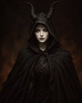 GRID THUMBNAIL — Dark fantasy portrait of a horned woman in a black hooded cloak and armour, facing forward against a smoky, firelit background.