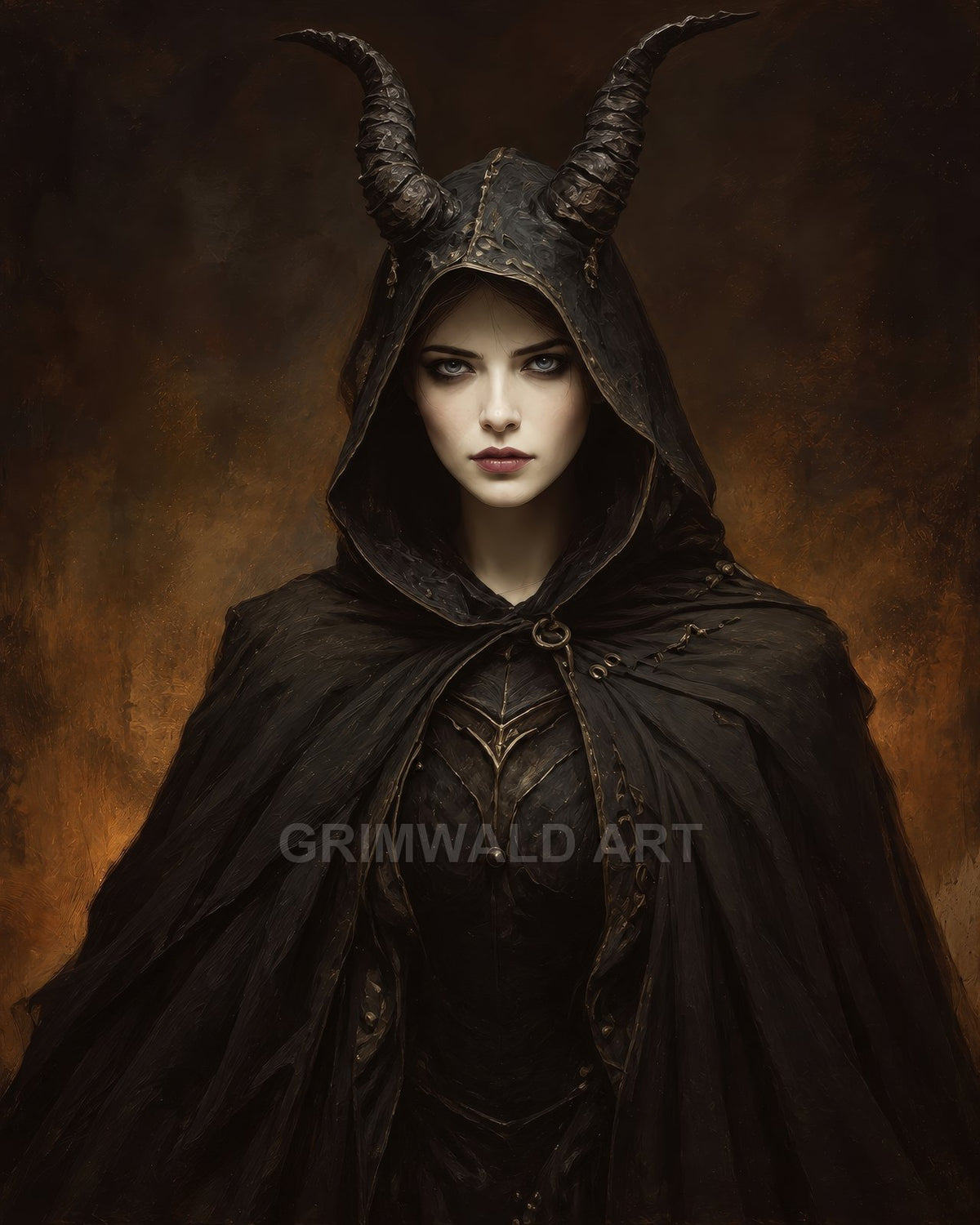 A pale woman in a black, horned hood and layered cloak stares forward against a warm, smoky backdrop, evoking dark, gothic fantasy.