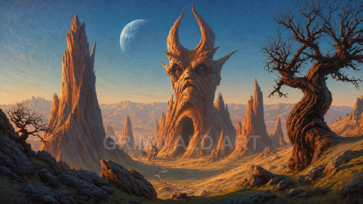 A vast rocky valley dominated by a horned, face-shaped mountain with a cavernous mouth, twisted trees, jagged spires, and a pale moon under golden light.