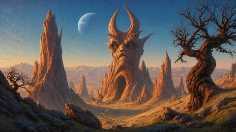 GRID THUMBNAIL — A vast rocky valley dominated by a horned, face-shaped mountain with a cavernous mouth, twisted trees, jagged spires, and a pale moon under golden light.