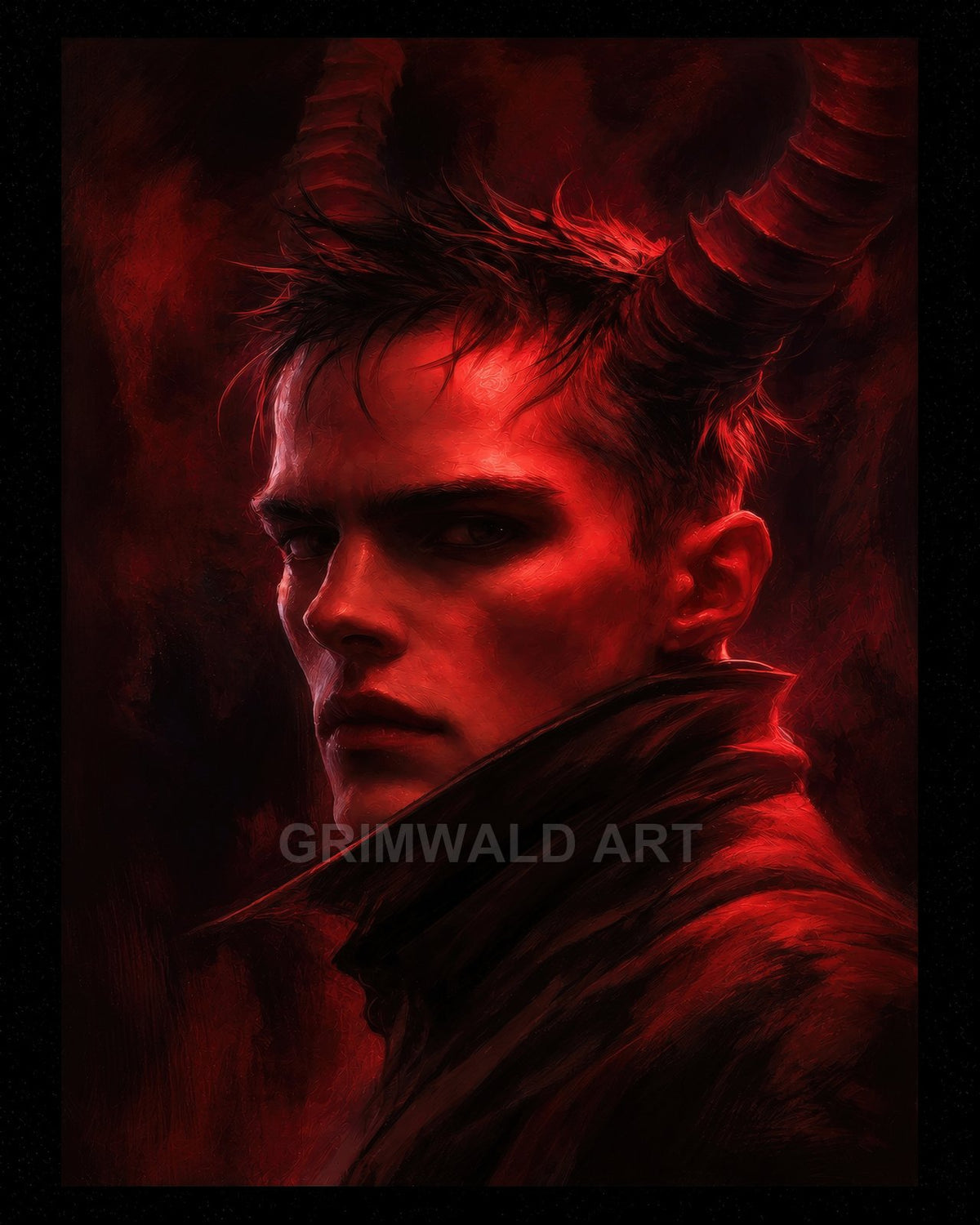 Moody portrait of a horned demon man in a high-collared coat, lit by fiery red light against a dark, smoky background.