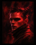 GRID THUMBNAIL — Moody portrait of a horned demon man in a high-collared coat, lit by fiery red light against a dark, smoky background.
