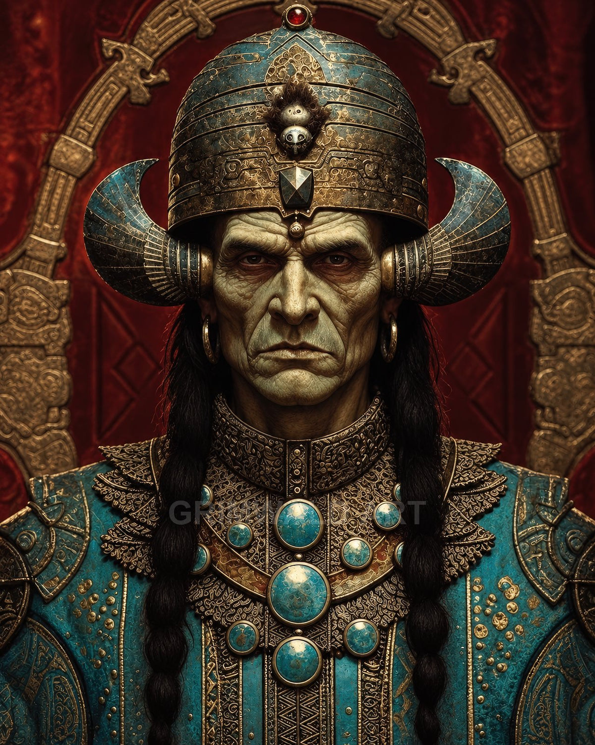 Stern male monarch in ornate turquoise and gold armour with horned helmet and braids, posed before a gilded throne and rich red drapery.