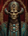 GRID THUMBNAIL — Stern male monarch in ornate turquoise and gold armour with horned helmet and braids, posed before a gilded throne and rich red drapery.