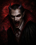 GRID THUMBNAIL — Horned vampire with red eyes and fangs screams beneath a blood-red moon, wearing a high-collared cloak before a distant gothic castle and bats.