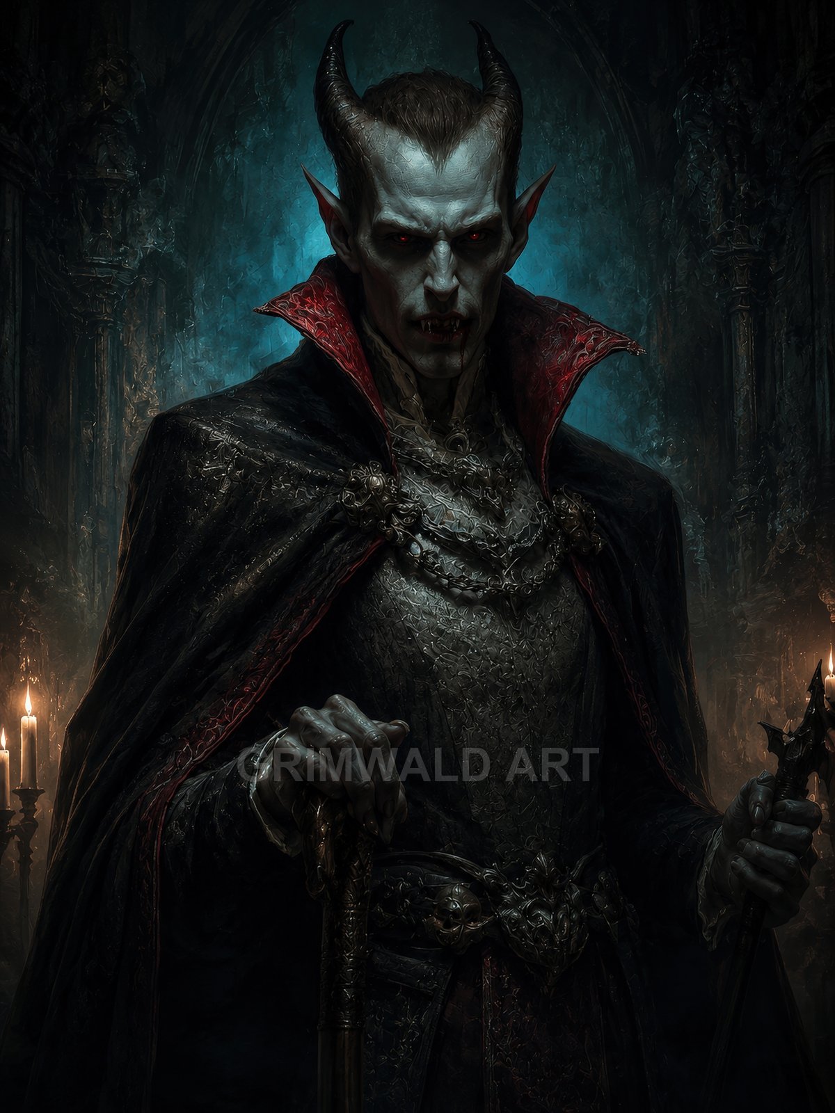 A horned, red-eyed vampire in ornate dark armour and a high-collared cloak stands in a candlelit gothic cathedral, gripping a carved staff.