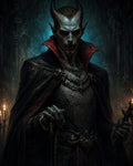 GRID THUMBNAIL — A horned, red-eyed vampire in ornate dark armour and a high-collared cloak stands in a candlelit gothic cathedral, gripping a carved staff.