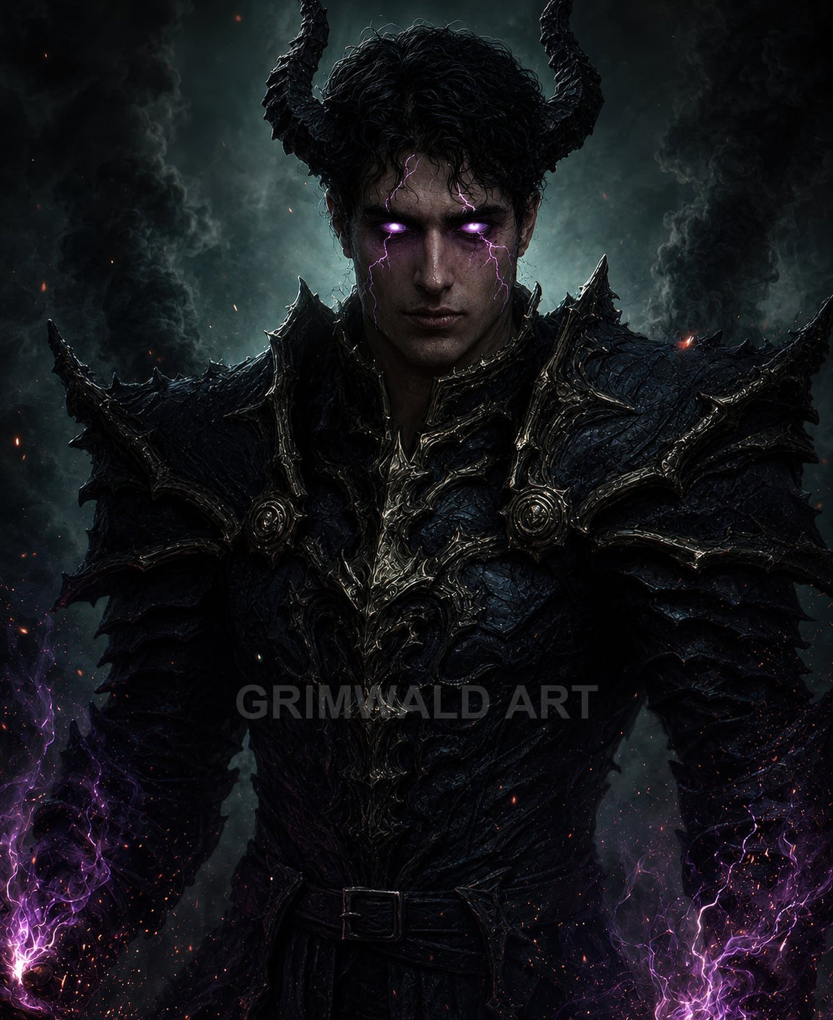 A horned demon in ornate black armour with glowing purple eyes conjures crackling violet magic in his hands against a smoky, shadowed background.