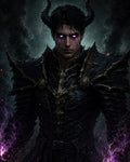 GRID THUMBNAIL — A horned demon in ornate black armour with glowing purple eyes conjures crackling violet magic in his hands against a smoky, shadowed background.
