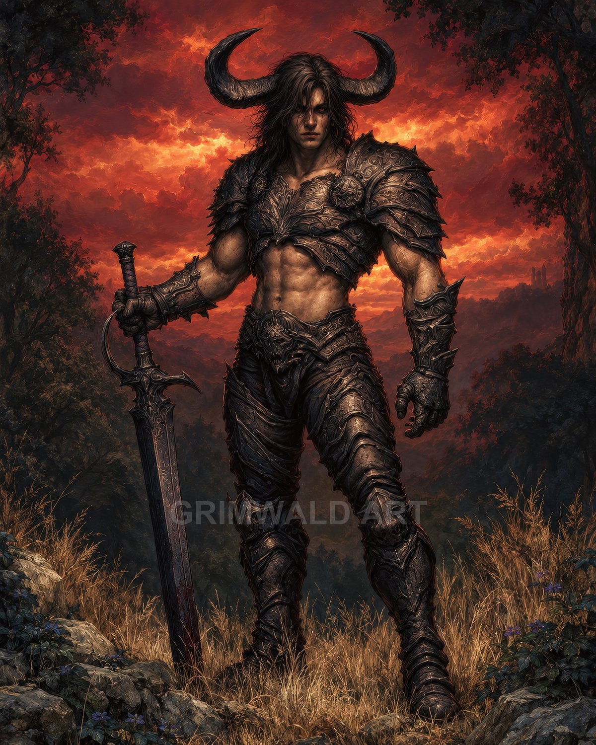 Armoured horned warrior stands on rocky grass with a colossal sword, framed by dark trees and a blood-red sunset sky.