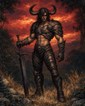 GRID THUMBNAIL — Armoured horned warrior stands on rocky grass with a colossal sword, framed by dark trees and a blood-red sunset sky.