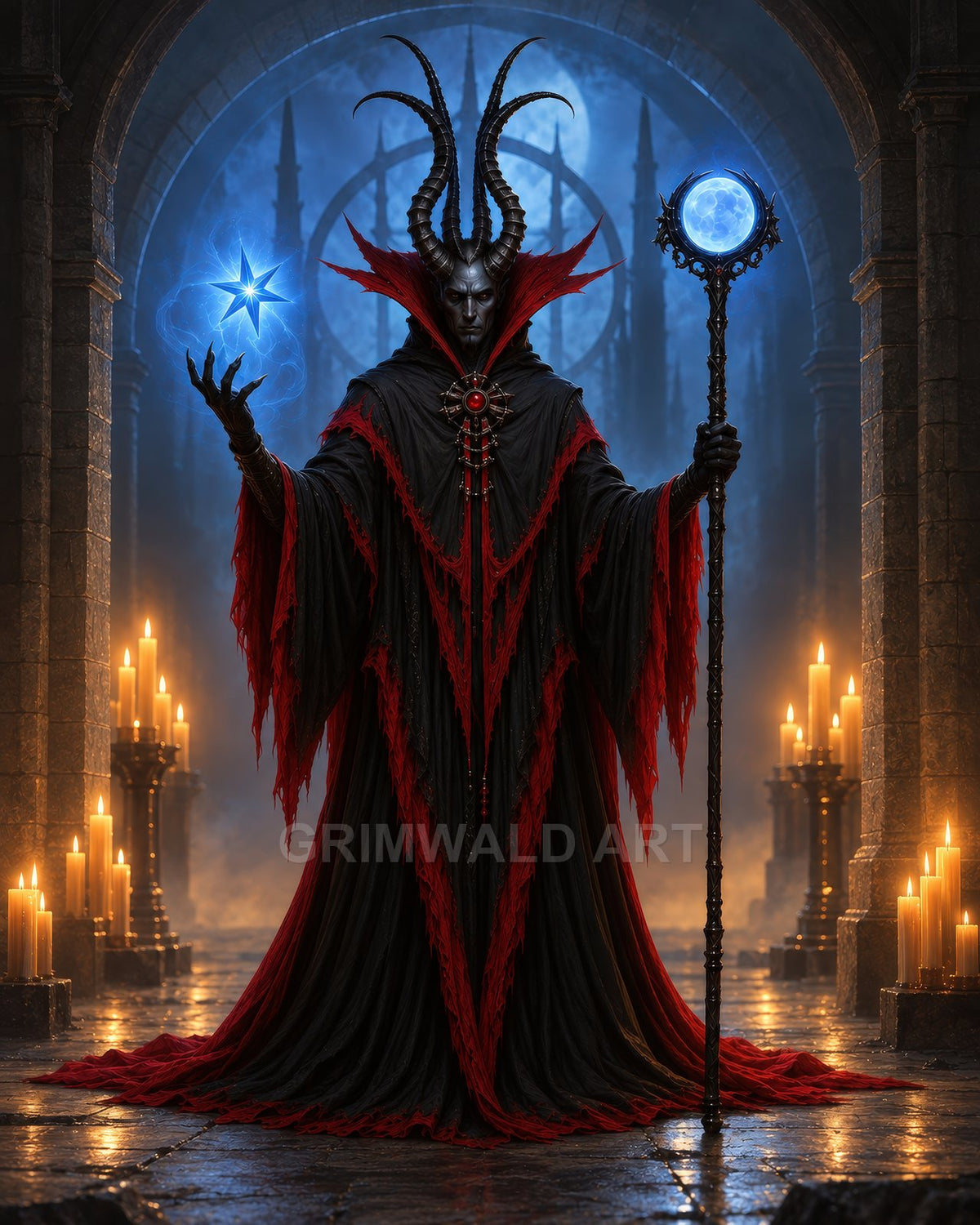 A horned demon warlock in black and red robes stands in a gothic cathedral, holding a glowing staff and conjuring blue magic amid tall candles.