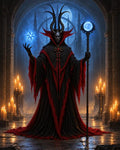 GRID THUMBNAIL — A horned demon warlock in black and red robes stands in a gothic cathedral, holding a glowing staff and conjuring blue magic amid tall candles.