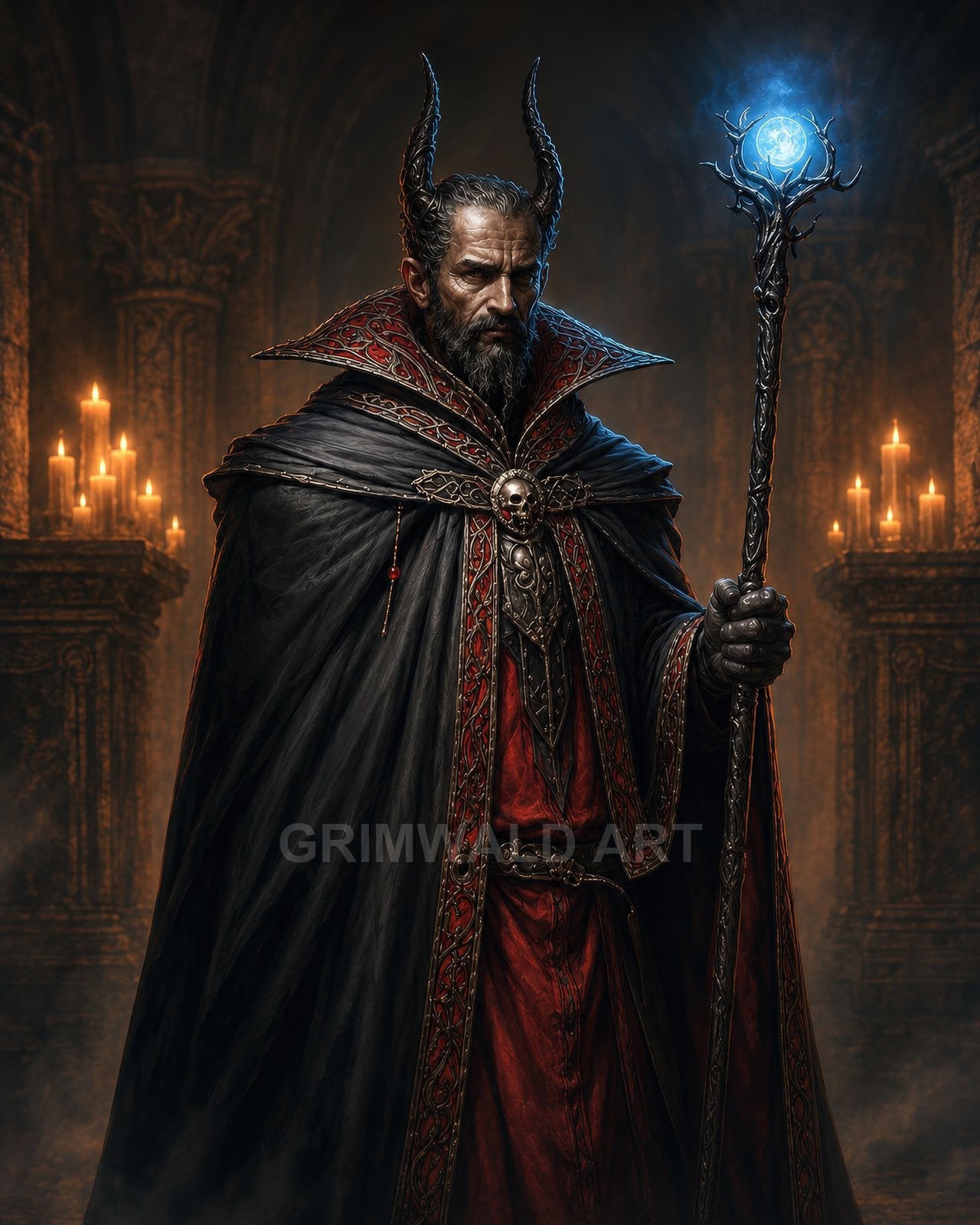 A horned male warlock in ornate red and black robes holds a glowing blue staff, standing within a candlelit gothic cathedral interior.