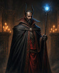 GRID THUMBNAIL — A horned male warlock in ornate red and black robes holds a glowing blue staff, standing within a candlelit gothic cathedral interior.