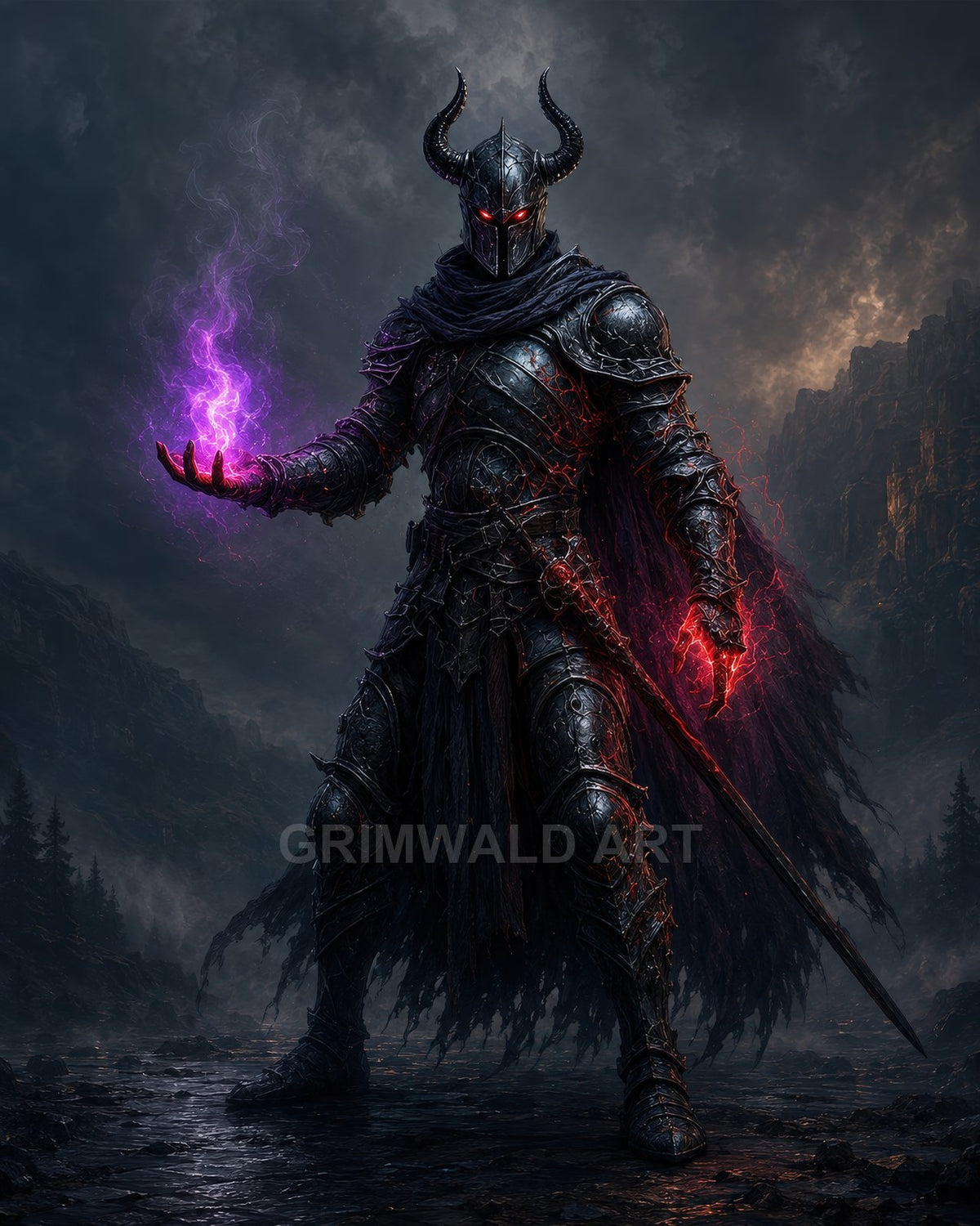 Horned, black-armoured warlock with glowing red eyes conjures purple magic, gripping a sword, standing in a dark mountain pass at night.