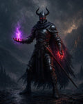 GRID THUMBNAIL — Horned, black-armoured warlock with glowing red eyes conjures purple magic, gripping a sword, standing in a dark mountain pass at night.