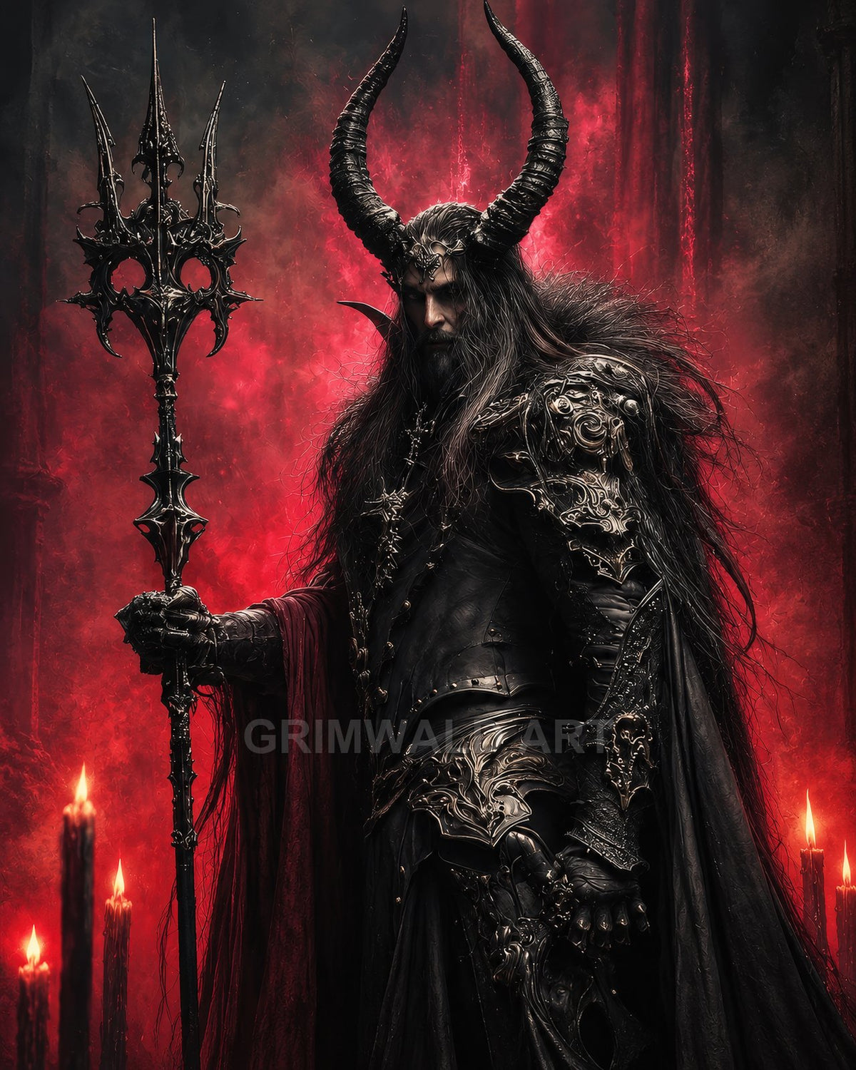 Armoured male warlock wearing a horned crown grips an ornate staff, framed by red smoke, candles, and towering gothic pillars.