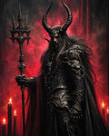 GRID THUMBNAIL — Armoured male warlock wearing a horned crown grips an ornate staff, framed by red smoke, candles, and towering gothic pillars.