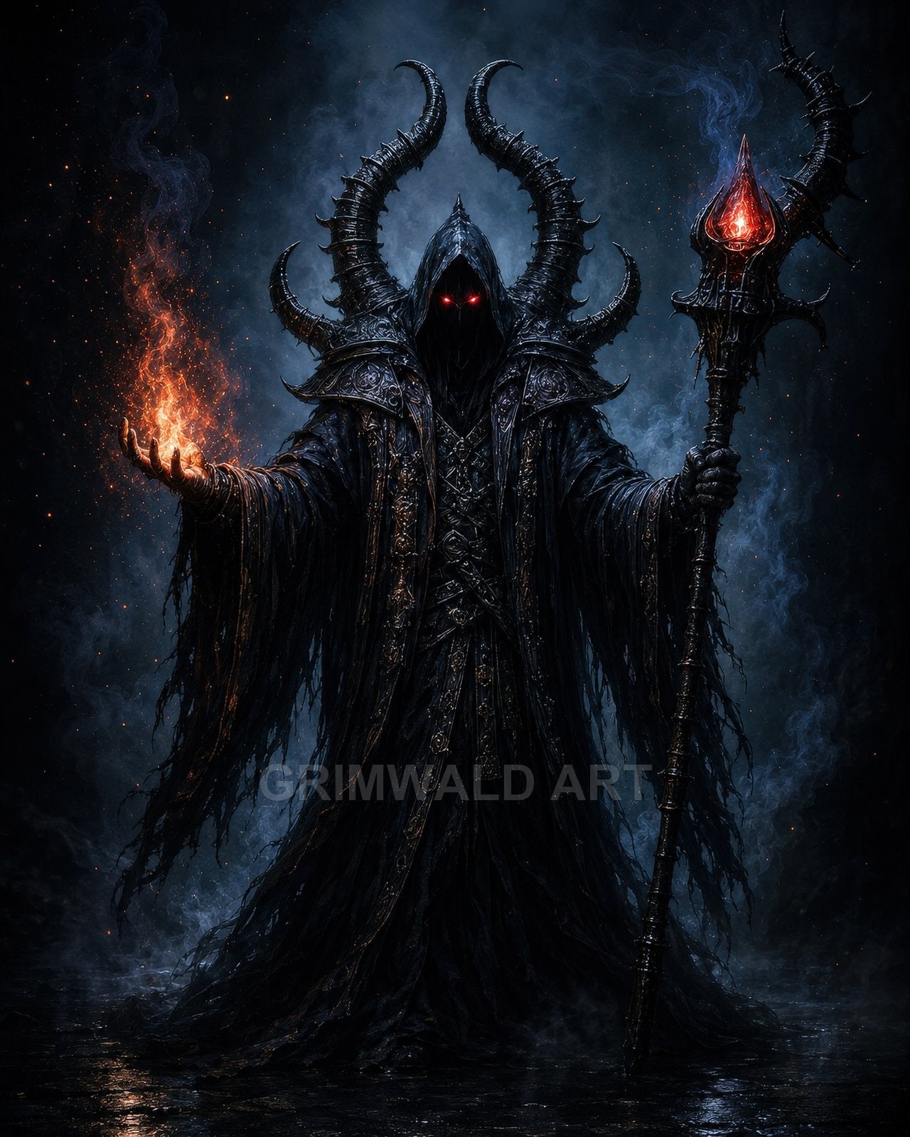 A hooded, horned warlock in tattered black robes conjures fire and wields a glowing red crystal staff against a smoky dark backdrop.