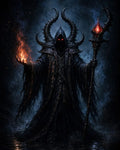 GRID THUMBNAIL — A hooded, horned warlock in tattered black robes conjures fire and wields a glowing red crystal staff against a smoky dark backdrop.