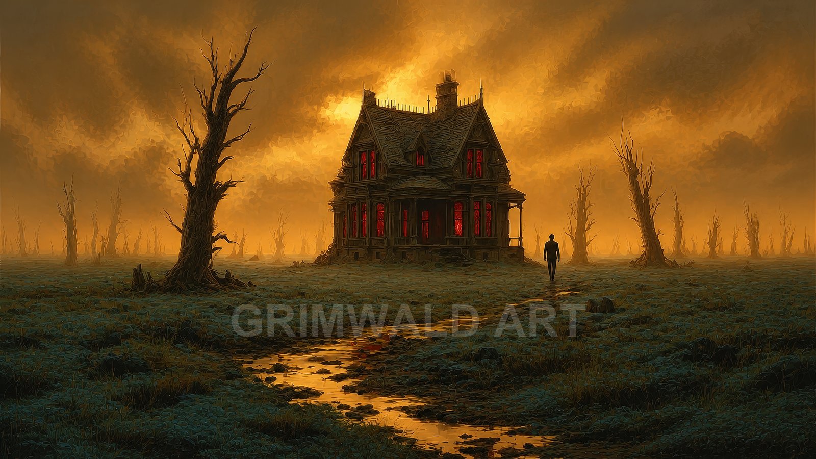 A silhouette approaches a weathered house with glowing red windows in a bleak swamp under a dramatic orange sunset and leafless trees.