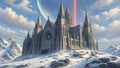 GRID THUMBNAIL — Grand gothic cathedral on a snowy mountain under a huge planet, with a vertical red beam of light glowing in daylight.
