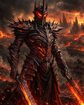 GRID THUMBNAIL — Armoured demonic warrior with glowing eyes holds two flaming swords amid a firelit volcanic wasteland and jagged ruins under a smoke-choked sky.