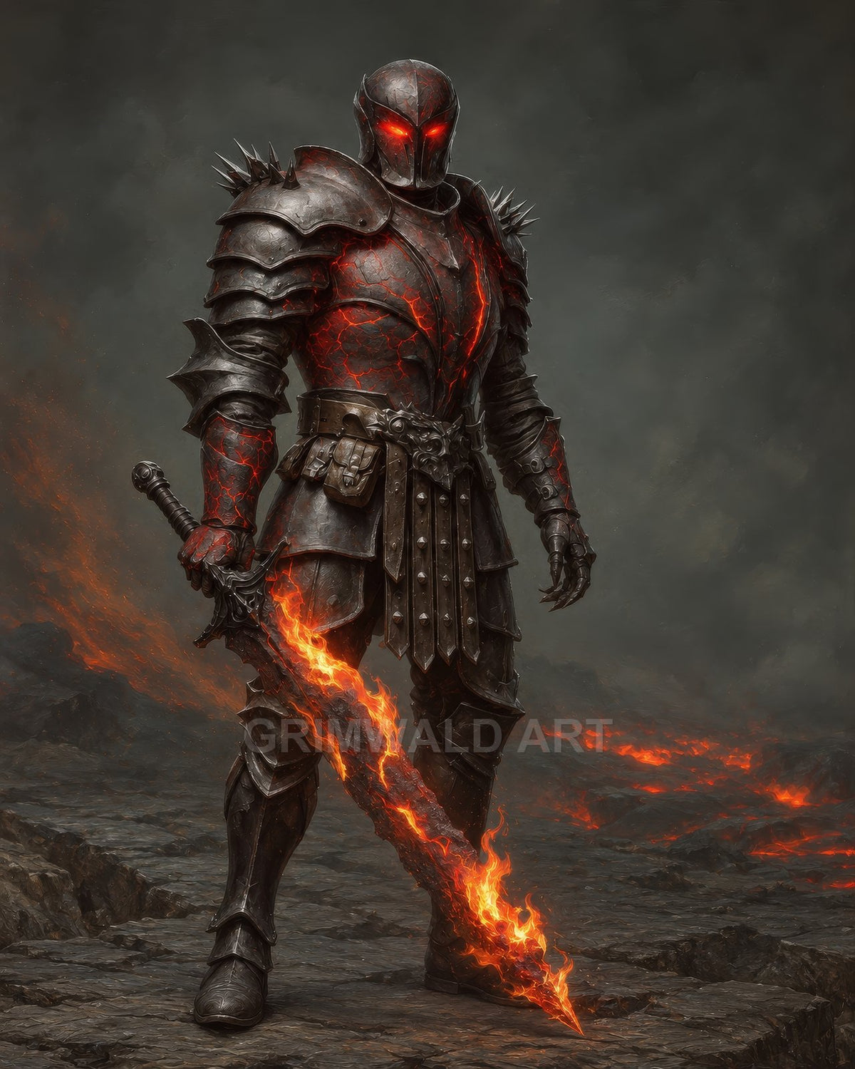 Armoured demonic knight with glowing red eyes stands on volcanic rock, magma seeping through cracks, wielding a blazing flaming sword in smoky firelit gloom.