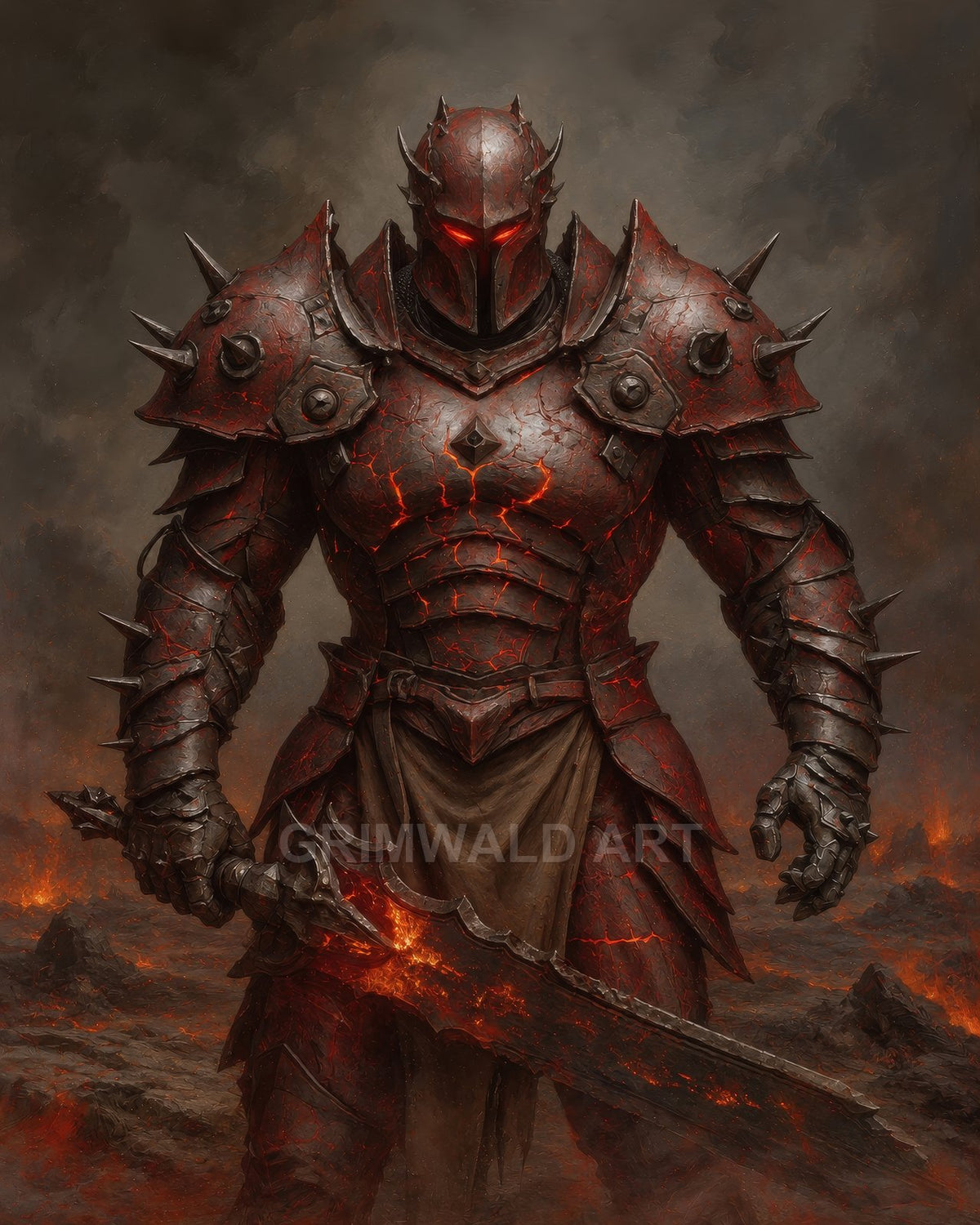 A towering demon knight in spiked, lava-cracked armour grips a molten sword, standing in a smoky, firelit wasteland with drifting ash.