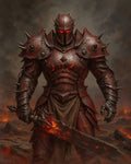 GRID THUMBNAIL — A towering demon knight in spiked, lava-cracked armour grips a molten sword, standing in a smoky, firelit wasteland with drifting ash.