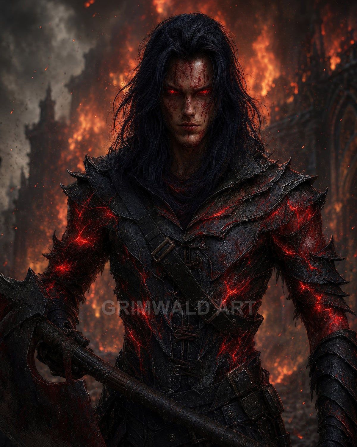 Armoured demon warrior with glowing red eyes and lava-cracked black armour grips a massive axe before a burning gothic cathedral amid smoke, embers and ash.