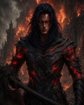 GRID THUMBNAIL — Armoured demon warrior with glowing red eyes and lava-cracked black armour grips a massive axe before a burning gothic cathedral amid smoke, embers and ash.