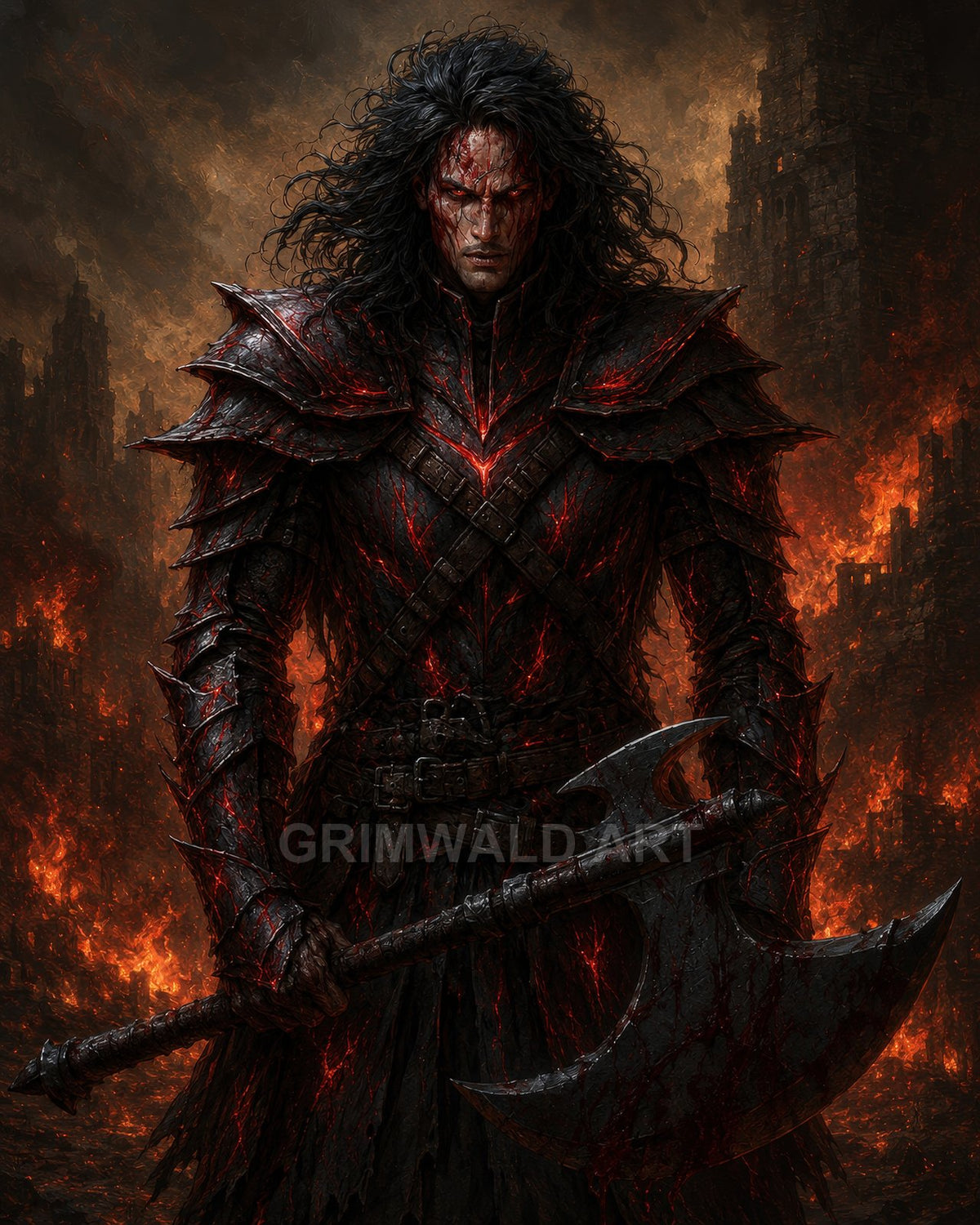 Armoured demonic warrior with glowing red fissures grips a bloodied double-headed axe amid burning ruins, embers and smoke lighting his grim face.